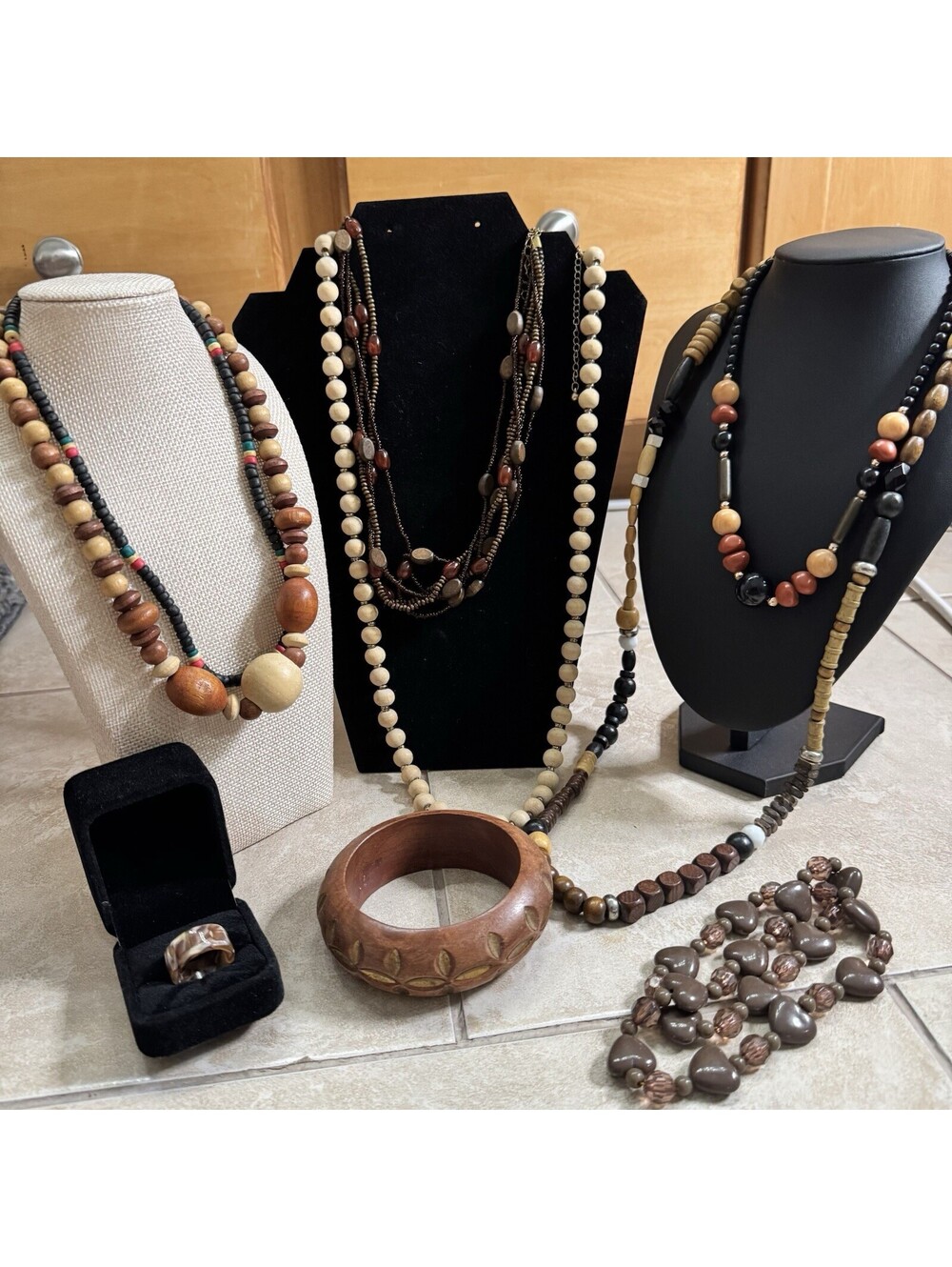 VTG Style Boho Jewelry Lot 9 Pc, Earthy Wood Statement And Handcrafted Items